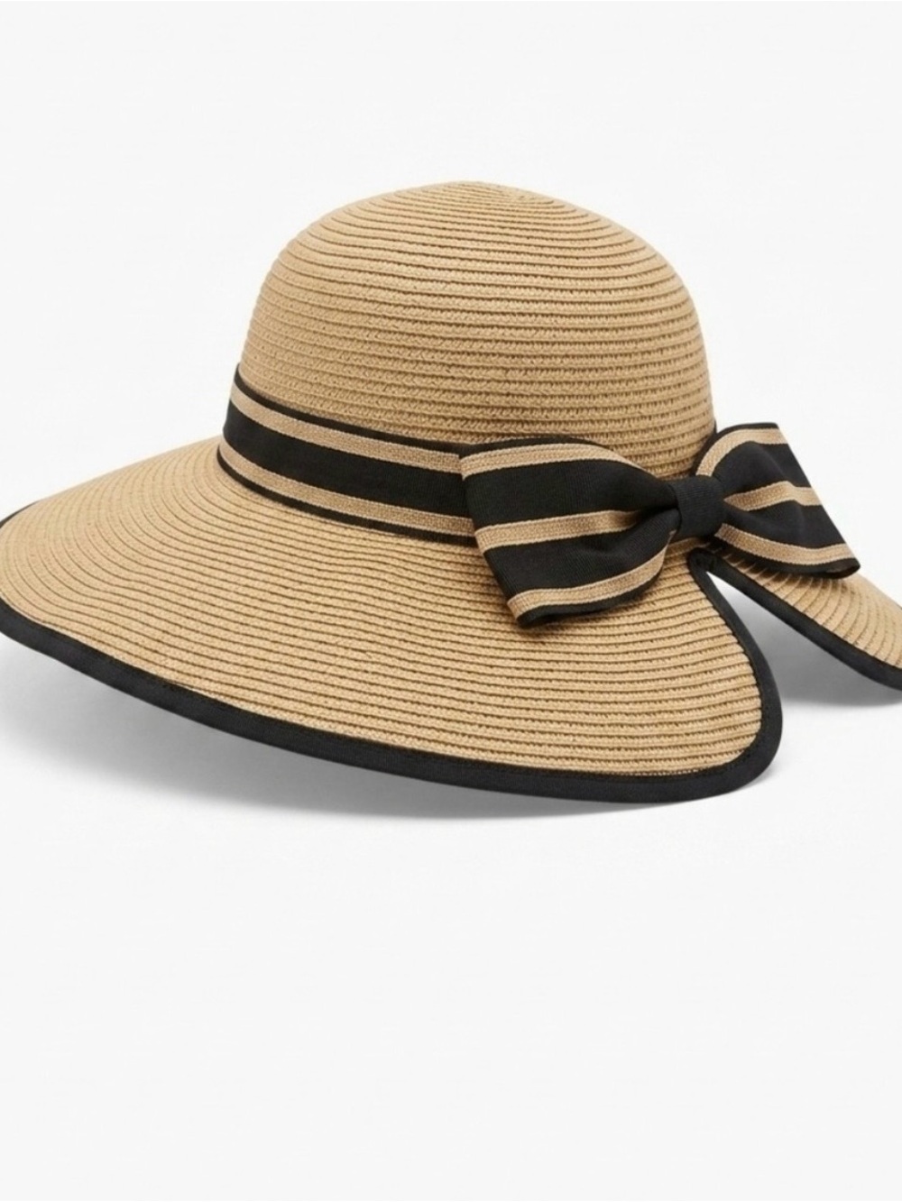 Wide Brim Straw Sun Hat with Black Bow Trim Made in Italy